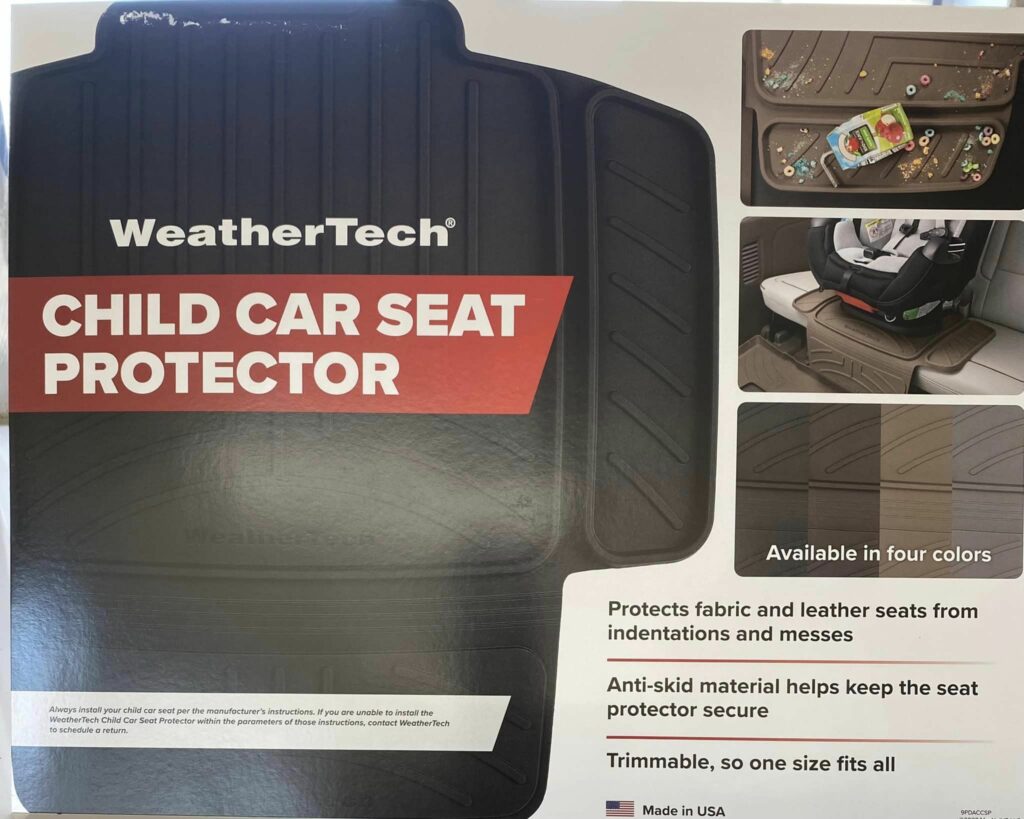 Image of a WeatherTech Child Car Seat Protector packaging. It highlights features like protection from indentations and messes, anti-skid material, and trim ability for fit. Includes photos of the product in use, and states availability in four colors.