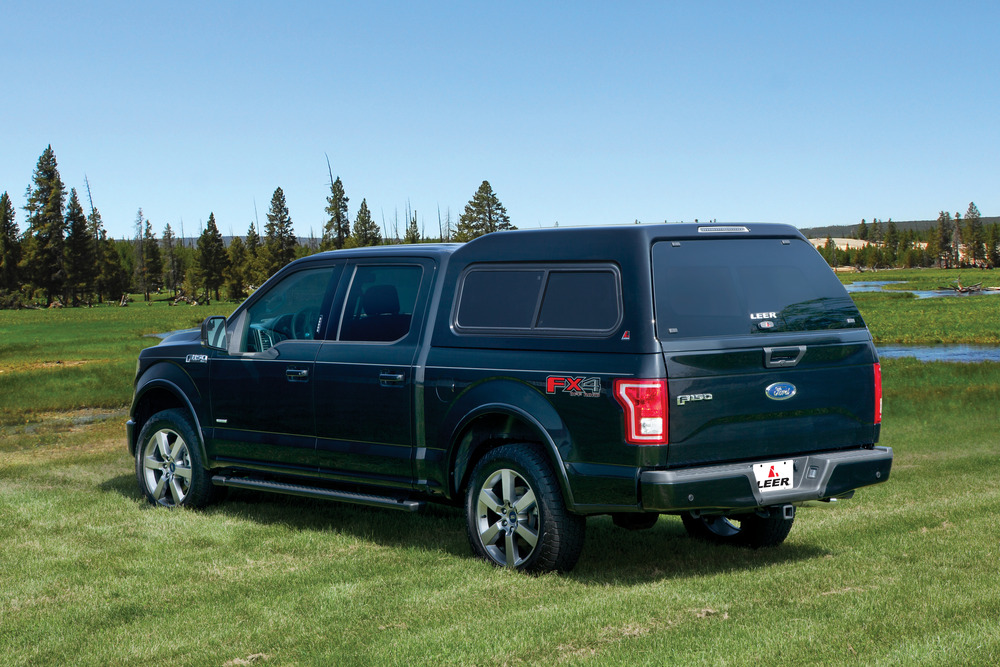 A dark green pickup truck with a canopy is parked on grass near a small pond and surrounded by trees. The truck's tailgate is visible, and the backdrop is a clear sky and distant trees, creating a serene outdoor setting.