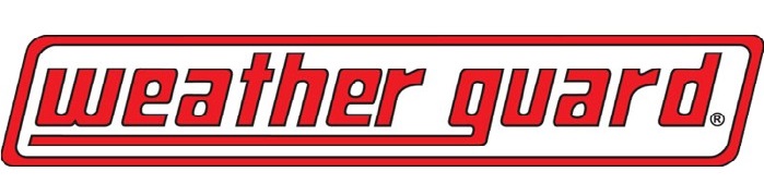 Logo with the text "weather guard" in lowercase red letters, enclosed in a red rectangular outline. The background is white.