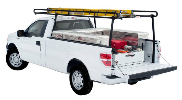 A white pickup truck with an open tailgate is shown. It has a ladder rack with a yellow ladder on top. The truck bed contains storage boxes, a red toolbox, and various tools.